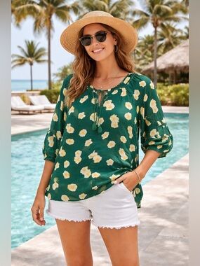 Daniel Rainn Green Floral Tie Neck Boho Cottagecore Linen Blend Top Size Medium